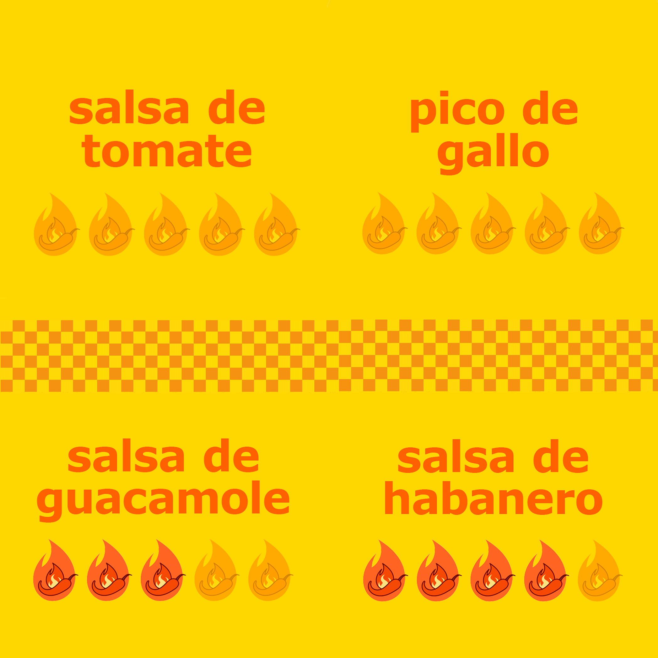 Tipos de salsas: tomate, pico de gallo, guacamole y habanero